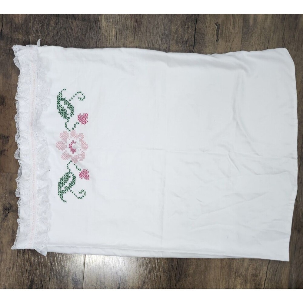 Vintage Pillow Sham Hand Embroidered 30x22" Cottage Lace Ruffle